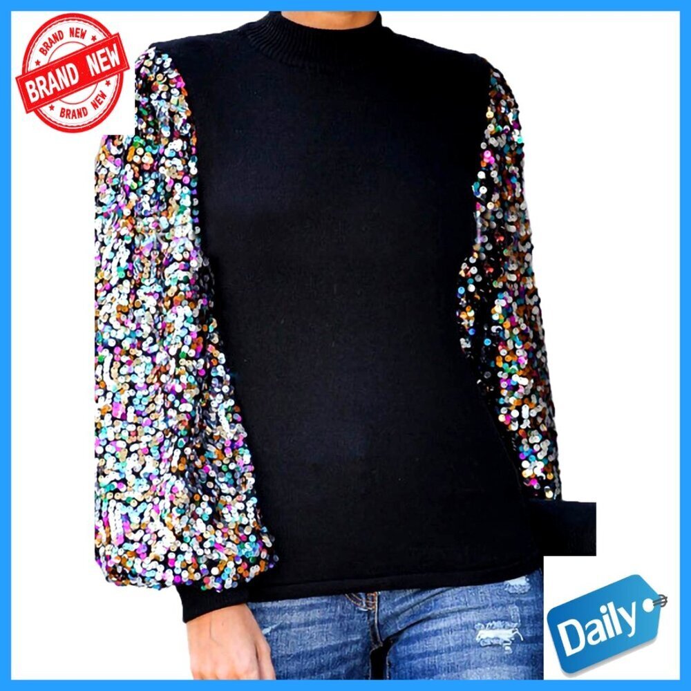 Sequin Balloon Sleeve Mock Neck Pullover Sweatshirt Long Sleeve
